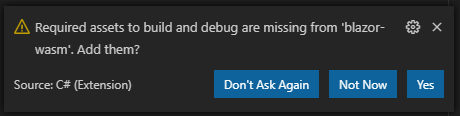 Prompt to add required assets to debug the Blazor WASM project in VS Code