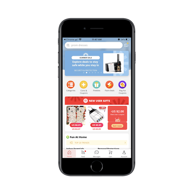 AliExpress home page on mobile app heavily features coupons, freebies, and flash sales.