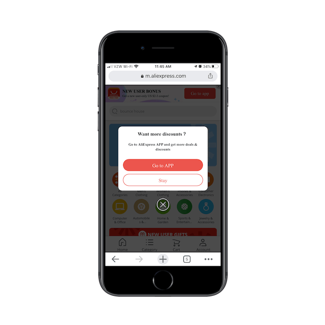 Visitors to the AliExpress mobile site immediately see a pop-up that says “Want more discounts” and a recommendation to install and go to the app counterpart.