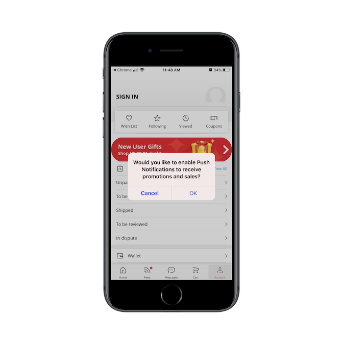 AliExpress asks if users would like to enable push notifications to receive promotions and sales.
