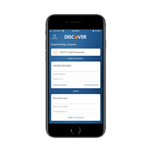 The home screen for the Discover banking and loan app.