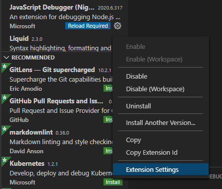 Javascript Debugger Extension Settings