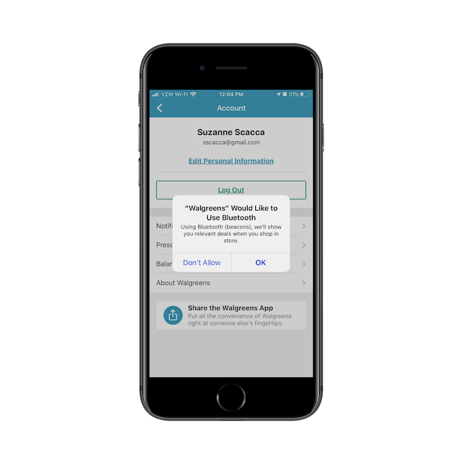 The Walgreens app asks customers if they ‘Would Like to Use Bluetooth’ (beacons) in order to see relevant deals when they’re shopping at the store.