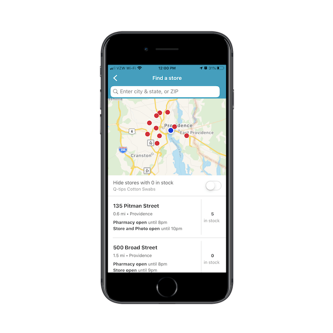 When Walgreens customers use the ‘Find at a Store’, feature, the location results tell them exactly how much of the item is in stock at each.