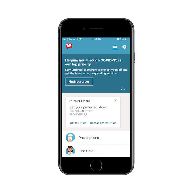 The Walgreens mobile home screen tells customers if they have a Preferred Store set and provides information on the address as well as the option to 'Choose another store'.