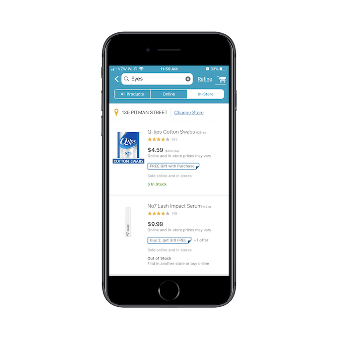 The Walgreens app allows users to filter product searches by ‘All Products’, ‘Online”, and ‘In-store’.