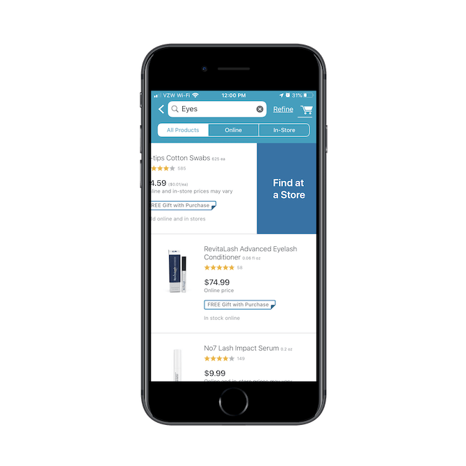 Walgreens has a ‘Find at a Store’ swipe option for customers interested in picking up a specific item at a local store location.