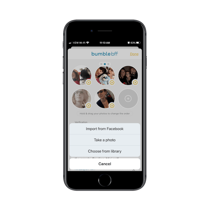 Bumble BFF gives users the ability to pull in images from a number of apps on their phone: Facebook, Photos, and Camera