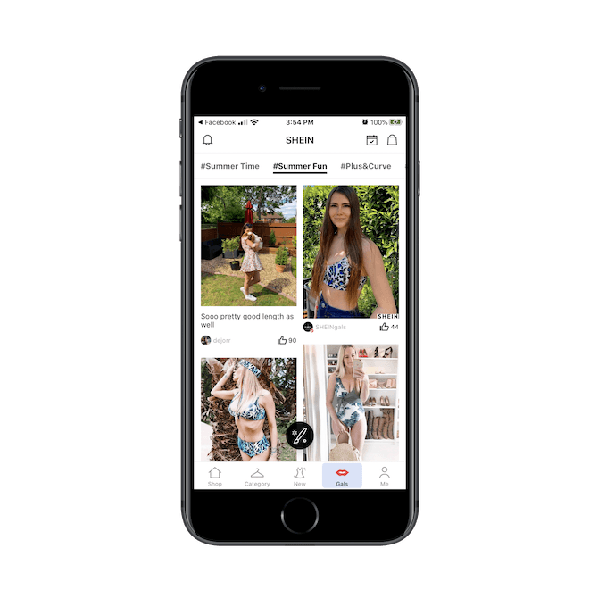 SHEIN displays user-uploaded photos and then categorizes them with hashtags like #SummerTime, #SummerFun, and #Plus&Curve.