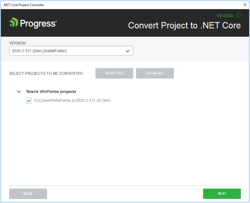 Telerik .NET Core Project Converter Wizard - Projects List