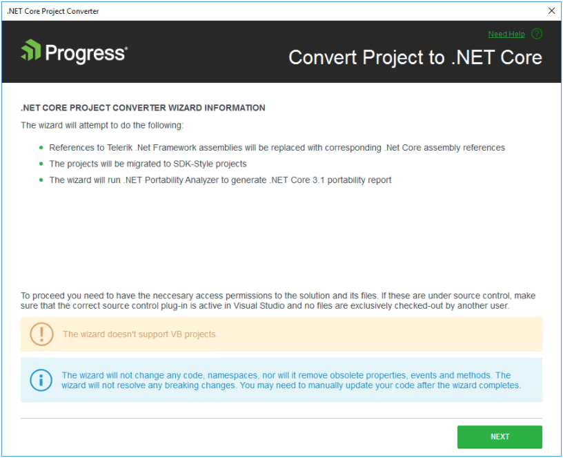 Telerik .NET Core Project Converter Wizard