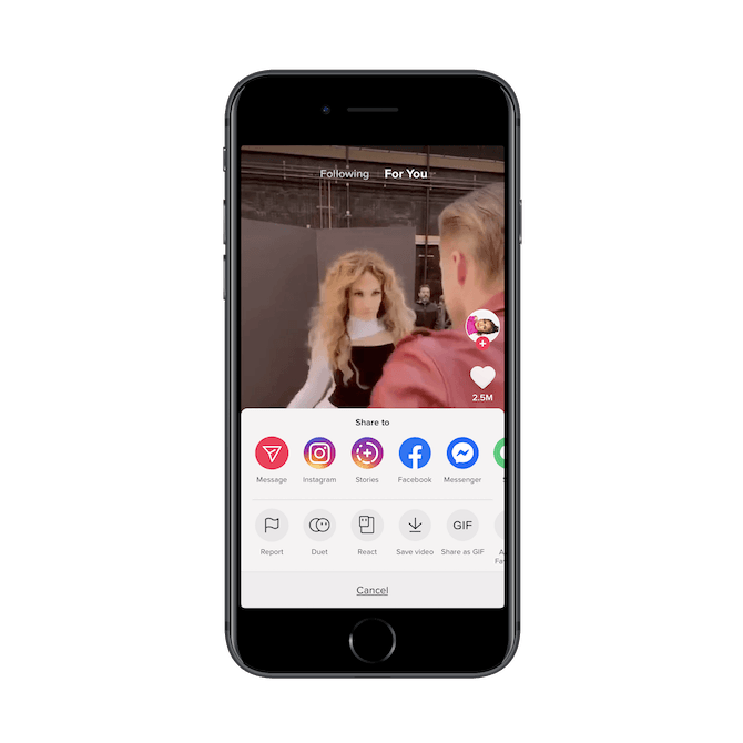 TikTok users can share Jennifer Lopez’s TikTok video to Message, Instagram, Instagram Stories, Facebook, Messenger, and more. 