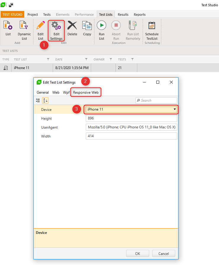 Edit Test List Settings Edit test list settings to specify device