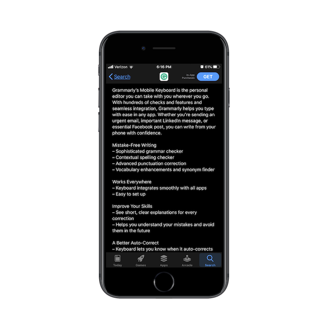 This is the Grammarly Keyboard mobile app description as it appears in the iOS app store.