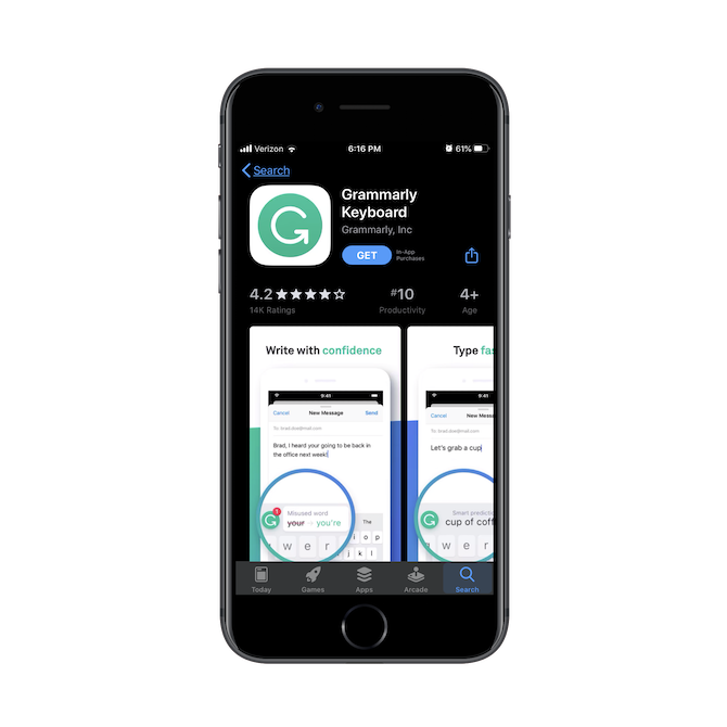 The Grammarly Keyboard app page on the iOS Apple Store shows a high-res icon, succinct app name, and brilliant screenshots.