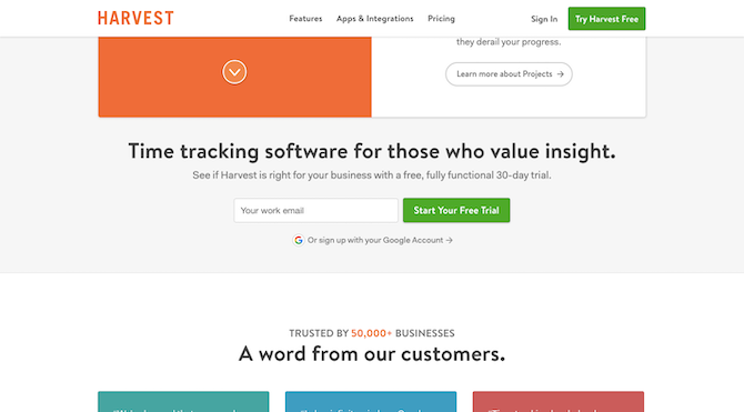 Harvest doesn’t force visitors to buy without a free trial. Instead, they’re given 30 days to try the full product for free—in exchange for giving the company their email address.