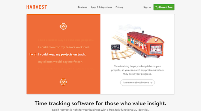 This is the hero image on the Harvest time-tracking software home page. On the left is a list of customer pains that visitors can click through to explore more about the product features.