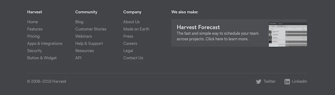 Harvest’s footer includes information about the Harvest product, the Community resources, as well as the Company.