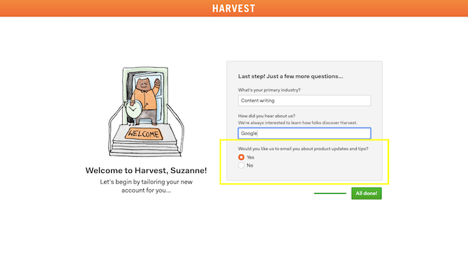 Harvest’s onboarding process asks users if they want to be emailed with useful product updates and tips during their free trial.