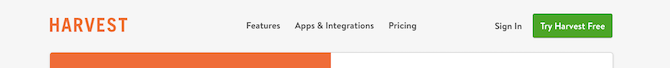 Harvest’s header includes three main tabs: Features, Apps & Integrations, and Pricing. There’s also a Sign In link and Try Harvest Free button.