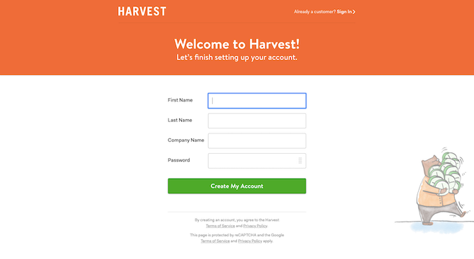 The Harvest free trial signup form asks for email address, first name, last name, company name, and a password.