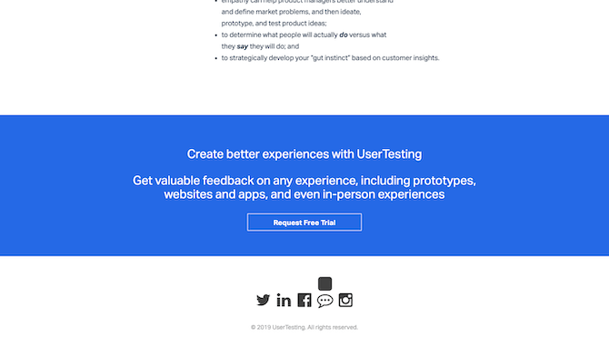 UserTesting invites webinar attendees to request a free, limited trial of the product.