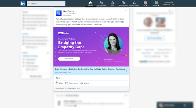 A retargeting ad from UserTesting on LinkedIn. The message includes some scary facts about customer experience and feedback. The call-to-action invites users to watch a free webinar.