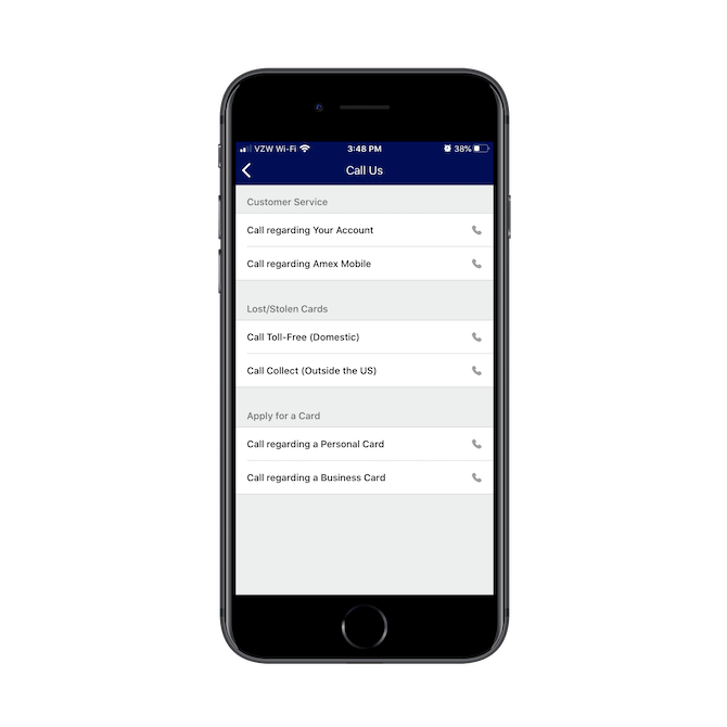 The American Express "Call Us" page provides a variety of contact options for Customer Service, Lost/Stolen Cards, and Apply for a Card.