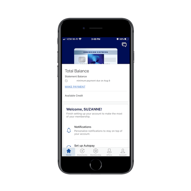 The American Express mobile app welcomes its users personally and then guides them through their account setup to make the most of their membership.