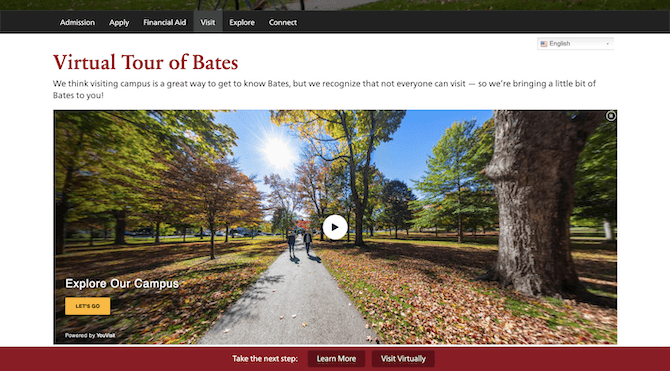 Bates College offers interested prospects the option to take a guided 3D virtual reality tour of the campus.