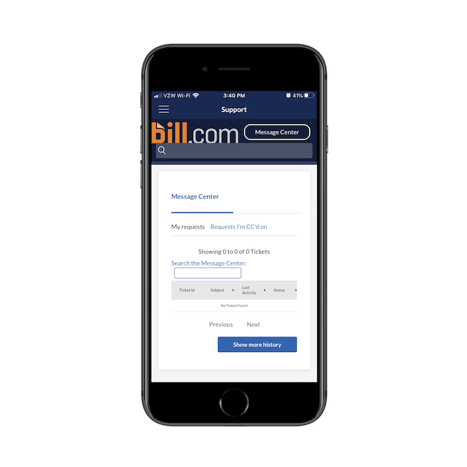 Bill.com’s Message Center contains a search bar and a table listing out the user’s submitted ticket details and statuses.