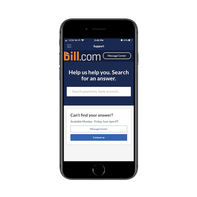 The Bill.com mobile app Support page has a simple search bar and two options for getting help: Message Center and Contact Us.