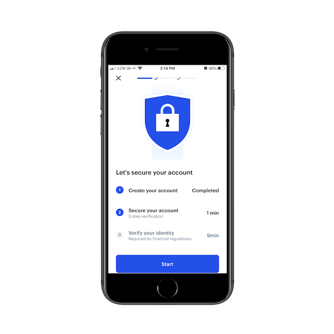 The Coinbase mobile app shows users that the next step "Secure your account" will take 1 minute to complete.