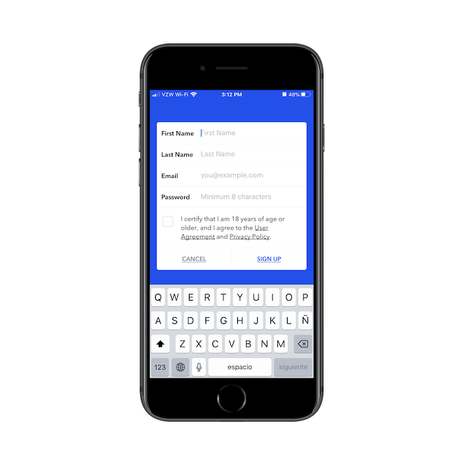 The Coinbase mobile app asks new users for their First Name, Last Name, Email, Password, and confirmation of age before signing up.