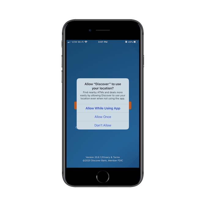 The first thing new users see upon installing the Discover mobile app is a request to grant access to their location.