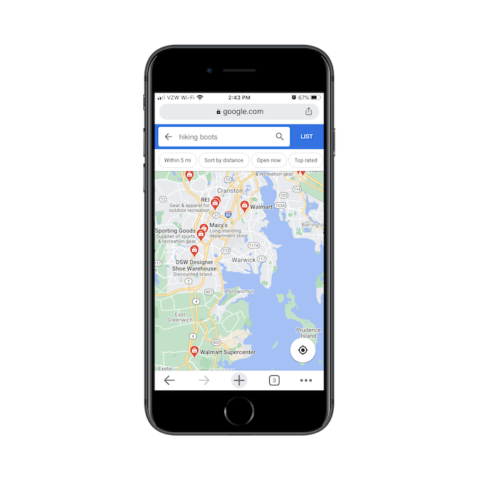 A Google Maps search for ‘hiking boots’ shows matching retailers around the state of Rhode Island.