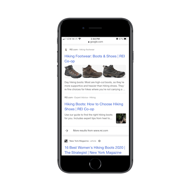 A Google search for ‘hiking boots’ shows organic results for REI and a listicle from New York Magazine.