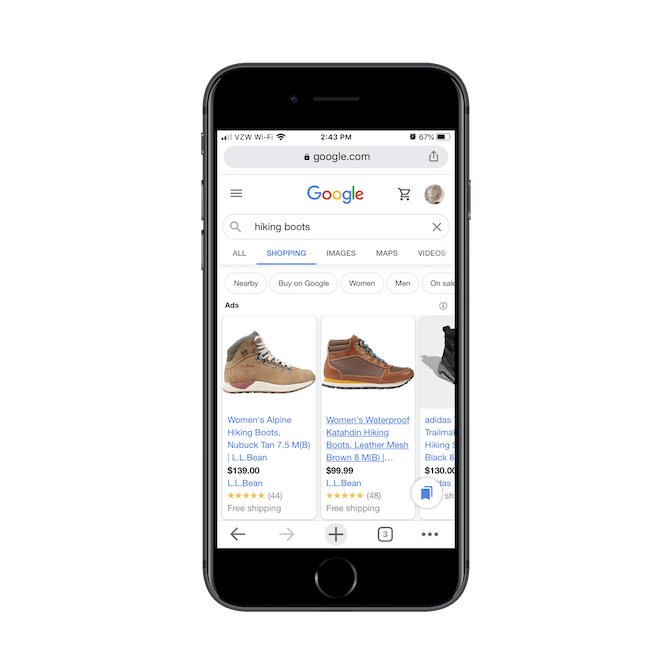 A Google Shopping search for ‘hiking boots’ shows options from L.L.Bean, DSW, and Target.