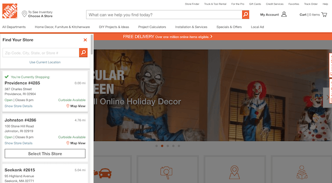 When Home Depot website visitors select ‘To See Inventory Choose a Store’, this sidebar slides in from the left side of the screen, enabling them to choose a local store.