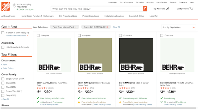 Home Depot includes a ‘Get It Fast’ filter on search pages so shoppers can find products that are in stock at the local store.