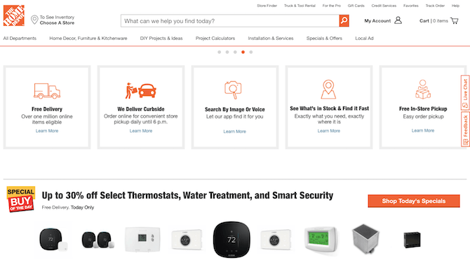 The Home Depot homepage details its omnichannel shopping options: delivery, curbside pickup, image or voice search, local inventory search, in-store pickup.