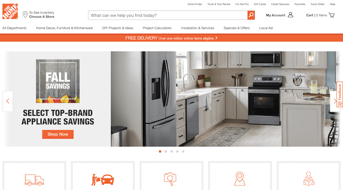 The Home Depot website includes a ‘To See Inventory Choose a Store’ CTA right next to its logo.