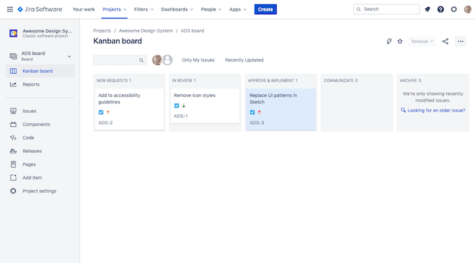 A sample Jira Kanban board for an agency’s design system change request process, with steps for New Requests, In Review, Approve & Implement, Communicate, and Archive.