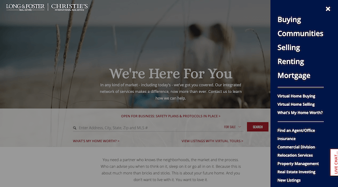 The Long & Foster Real Estate website has updated its navigation in 2020 to include pages for “Virtual Home Buying” and “Virtual Home Selling”.