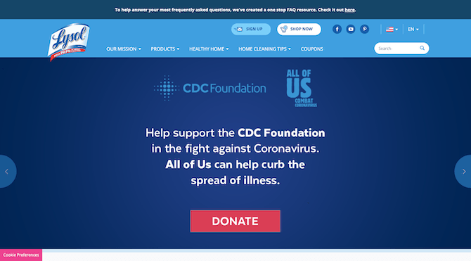 A snapshot of the Lysol website in 2020 shows an updated hero banner with COVID-19-related messages, this one focuses on Lysol’s work with the CDC Foundation “in the fight against Coronavirus”.