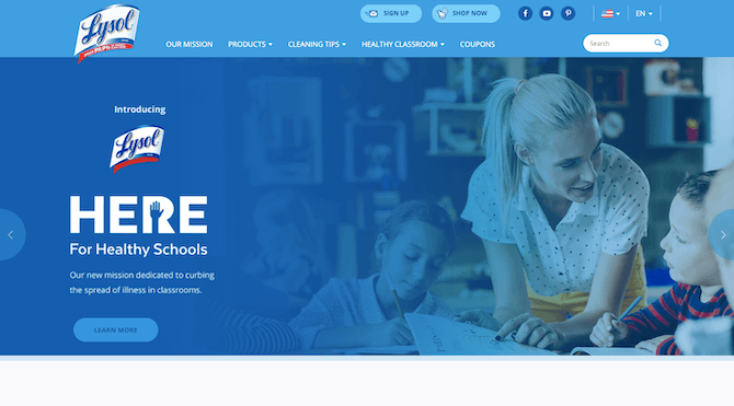 A snapshot of the Lysol website in January 2020. The homepage depicts a banner that reads “Here for Healthy Schools” and a photo of a teacher with her students.