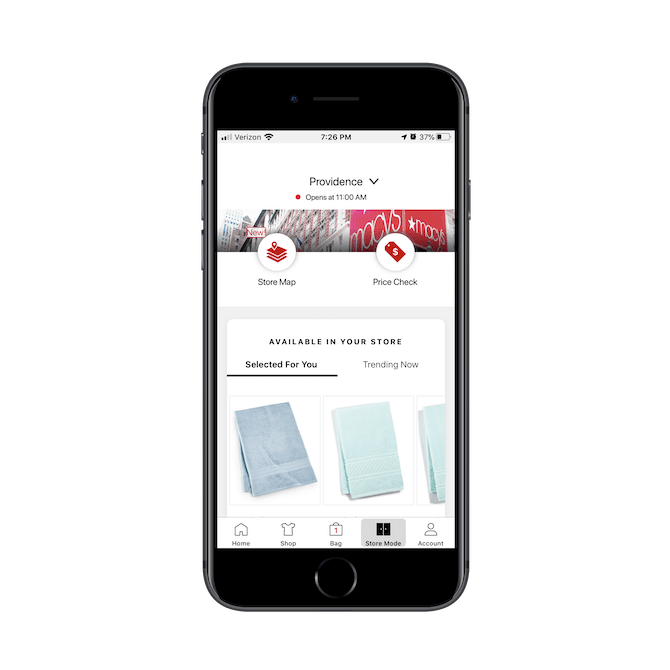 The Macy’s mobile app provides in-store shoppers with a store map and price check tool.