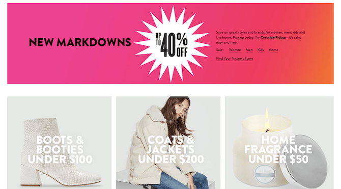 Nordstrom’s ‘New Markdowns’ banner advertises sales up to 40% off in October.