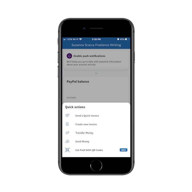 The PayPal Business app has an action bar to: Send a Quick Invoice, Create a new invoice, Transfer Money, Send Money, Get Paid with QR Codes.