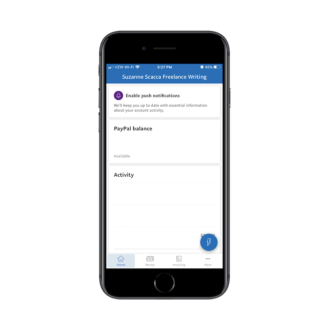 PayPal business app has a simplified navigation bar with buttons for Home, Money, Invoicing, and More. A sticky lightning button opens up a set of quick actions, too.